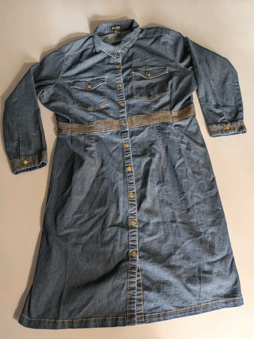 Deja Bleu Denim Shirt Dress 22 Plus Snap Front Stretch Knee Length Dark Blue
